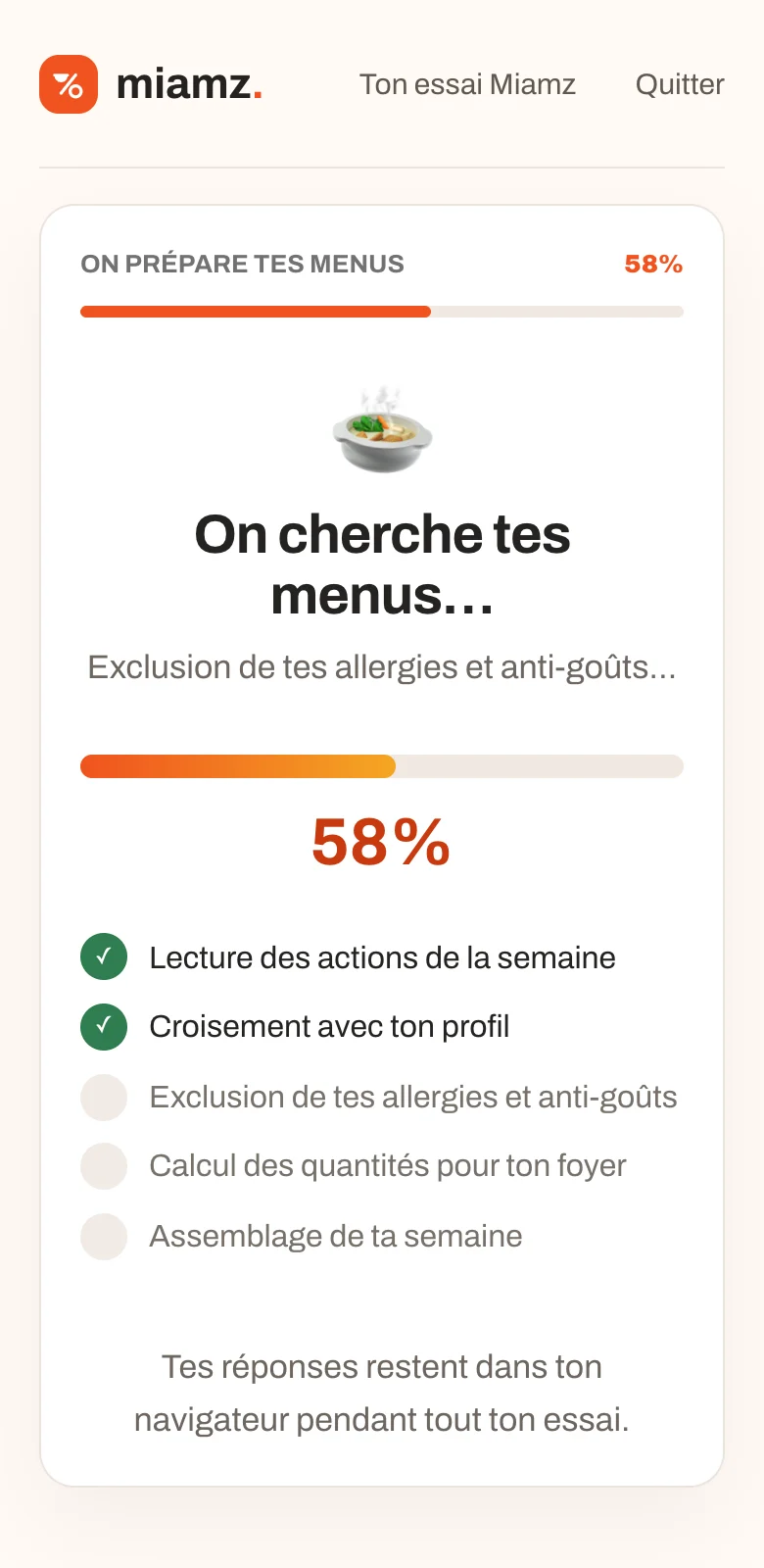 Miamz lit les actions de la semaine et prépare les menus